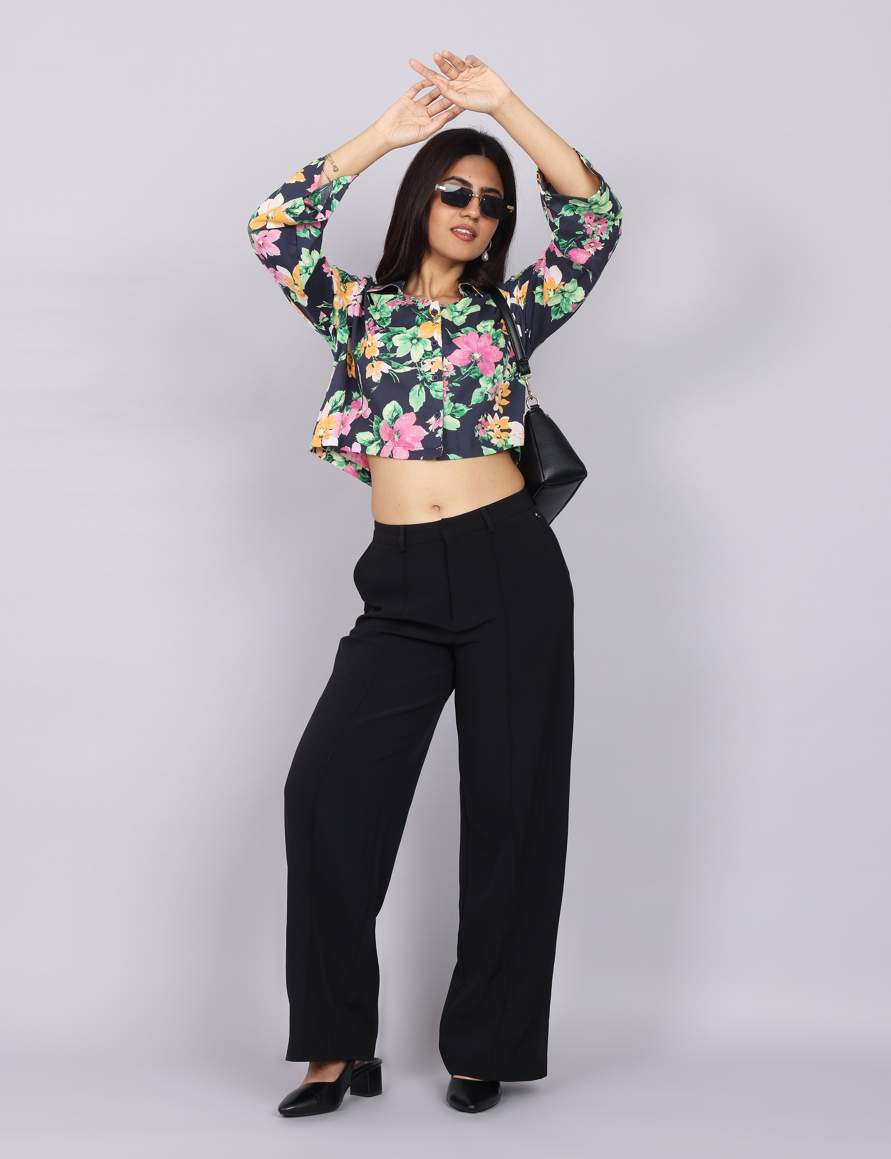 Women’s Navy Green Printed Relaxed Fit Collared Top