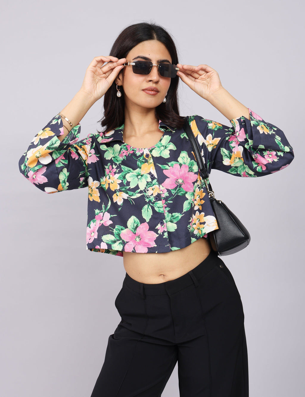 Women’s Navy Green Printed Relaxed Fit Collared Top