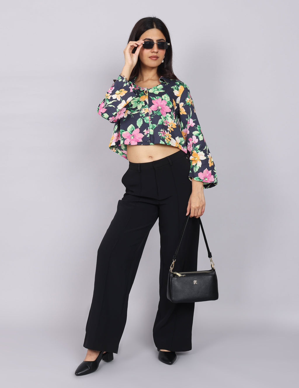 Women’s Navy Green Printed Relaxed Fit Collared Top