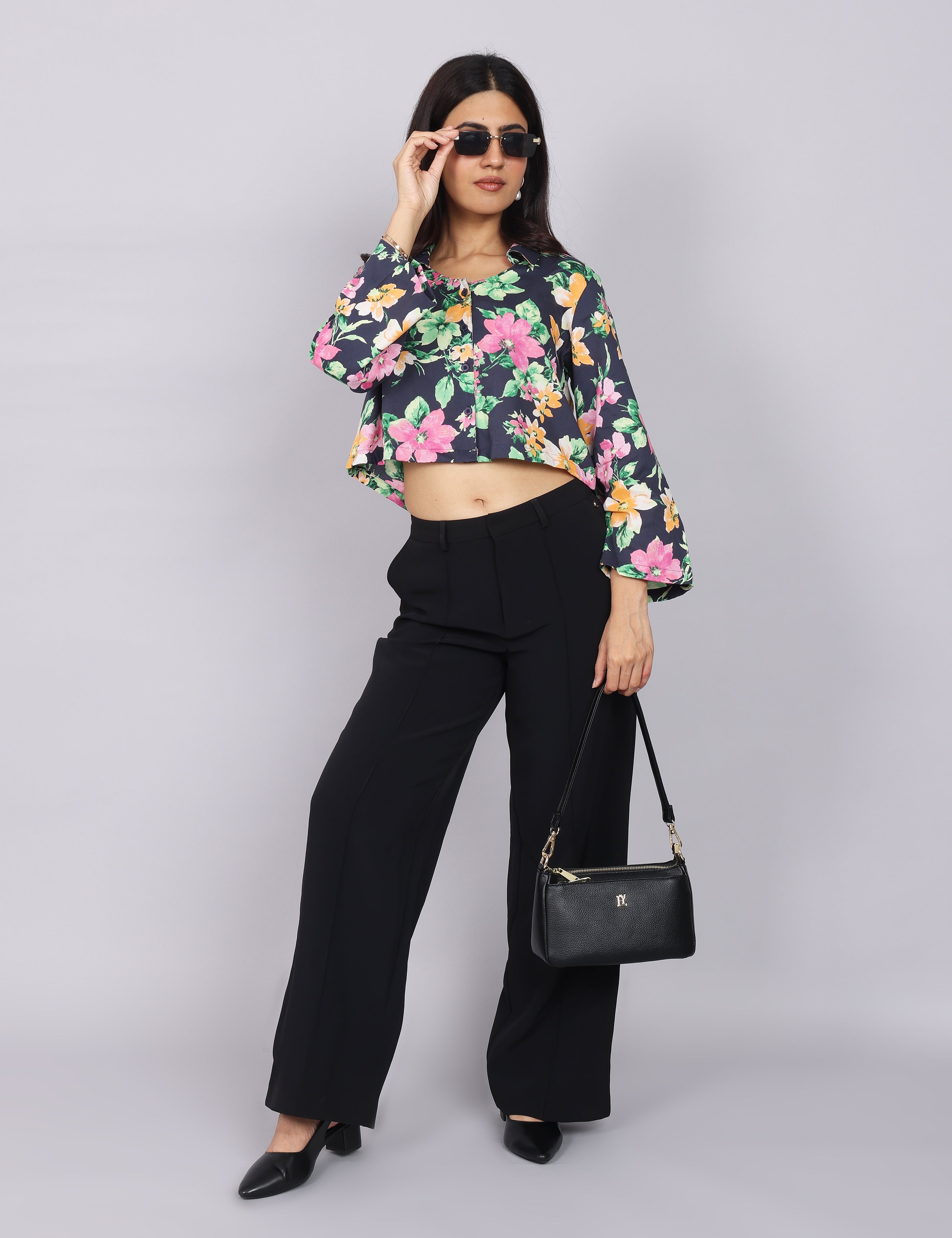 Women’s Navy Green Printed Relaxed Fit Collared Top