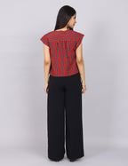 Women’s Red Checks Regular Fit V-Neck Top