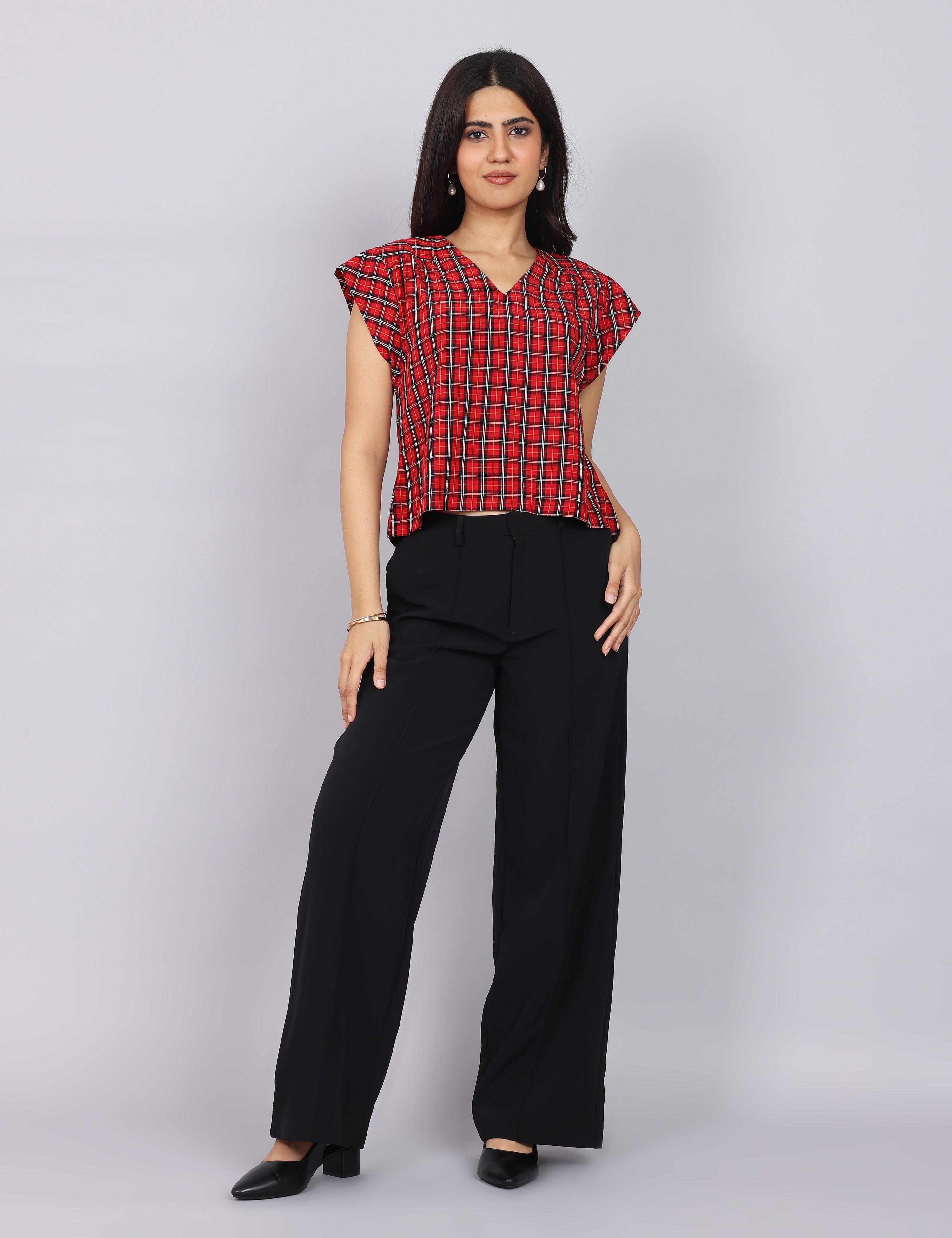 Women’s Red Checks Regular Fit V-Neck Top