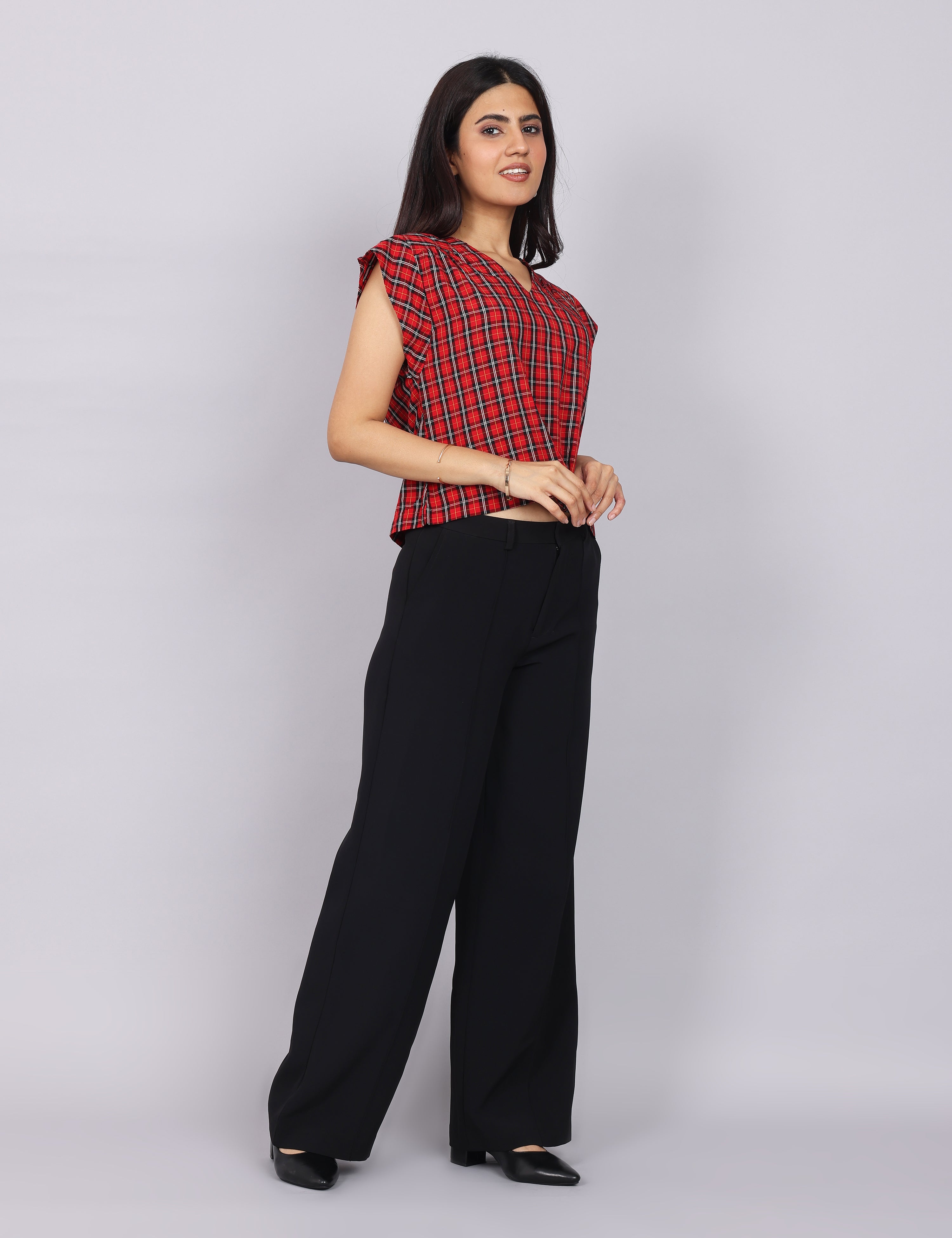 Women’s Red Checks Regular Fit V-Neck Top