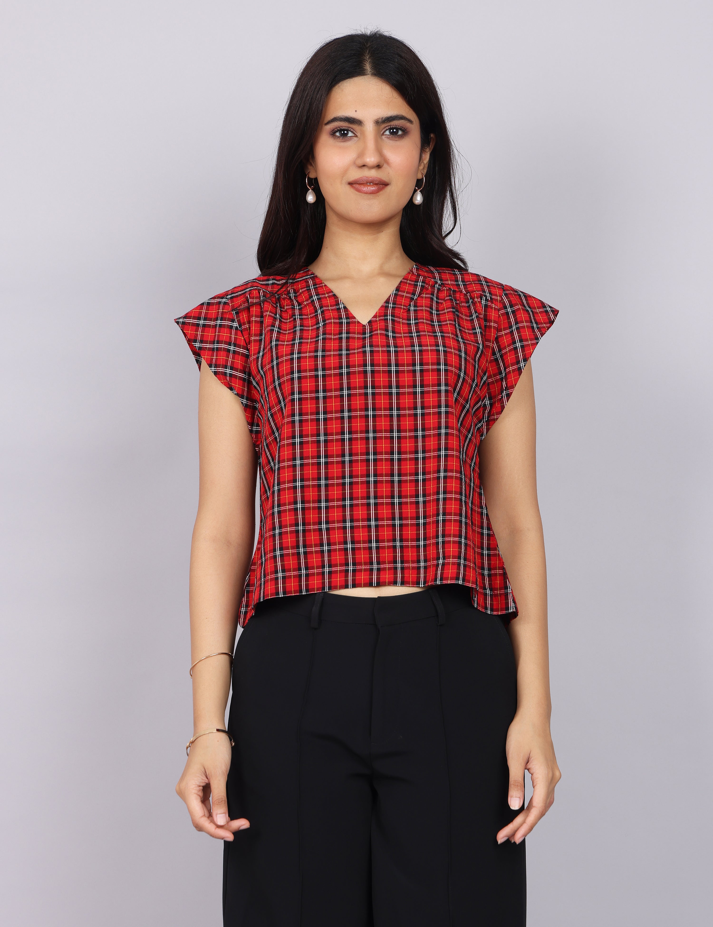 Women’s Red Checks Regular Fit V-Neck Top