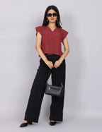 Women’s Red Checks Regular Fit V-Neck Top