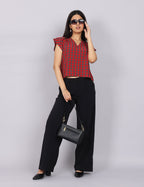 Women’s Red Checks Regular Fit V-Neck Top