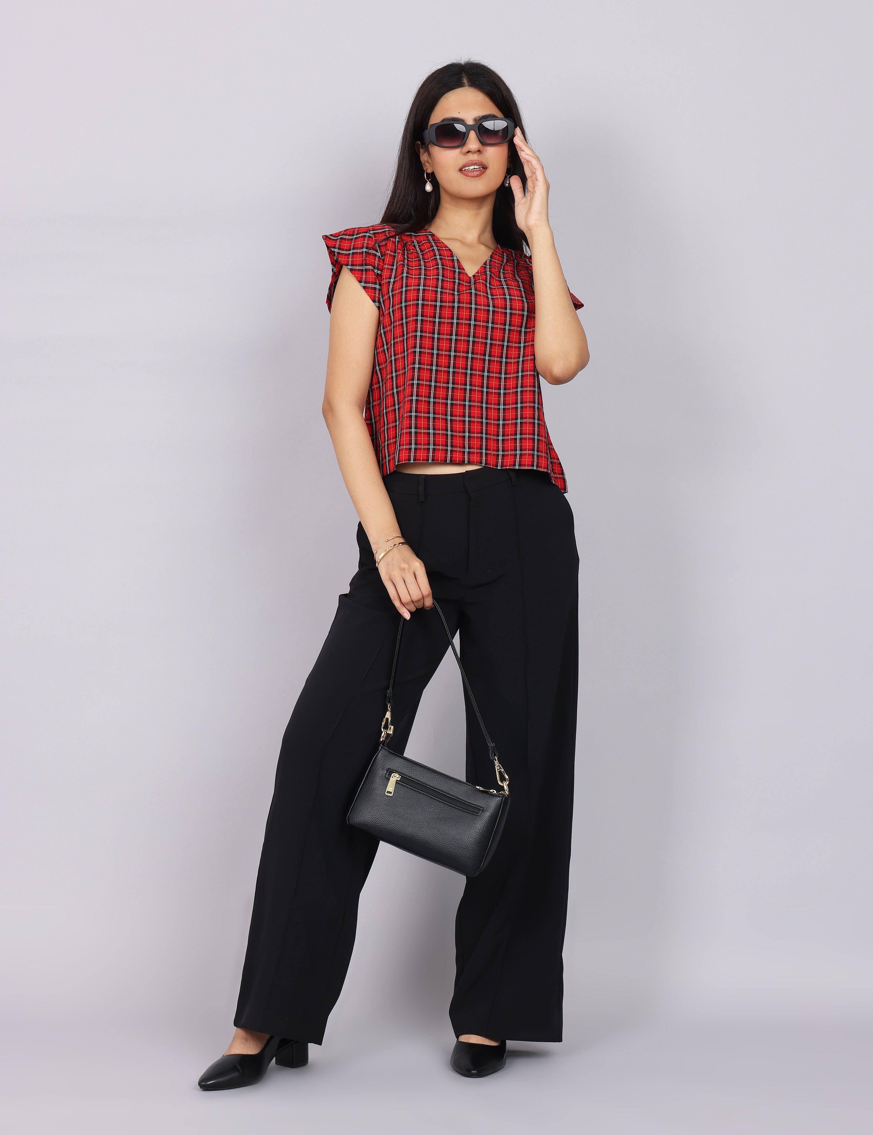 Women’s Red Checks Regular Fit V-Neck Top