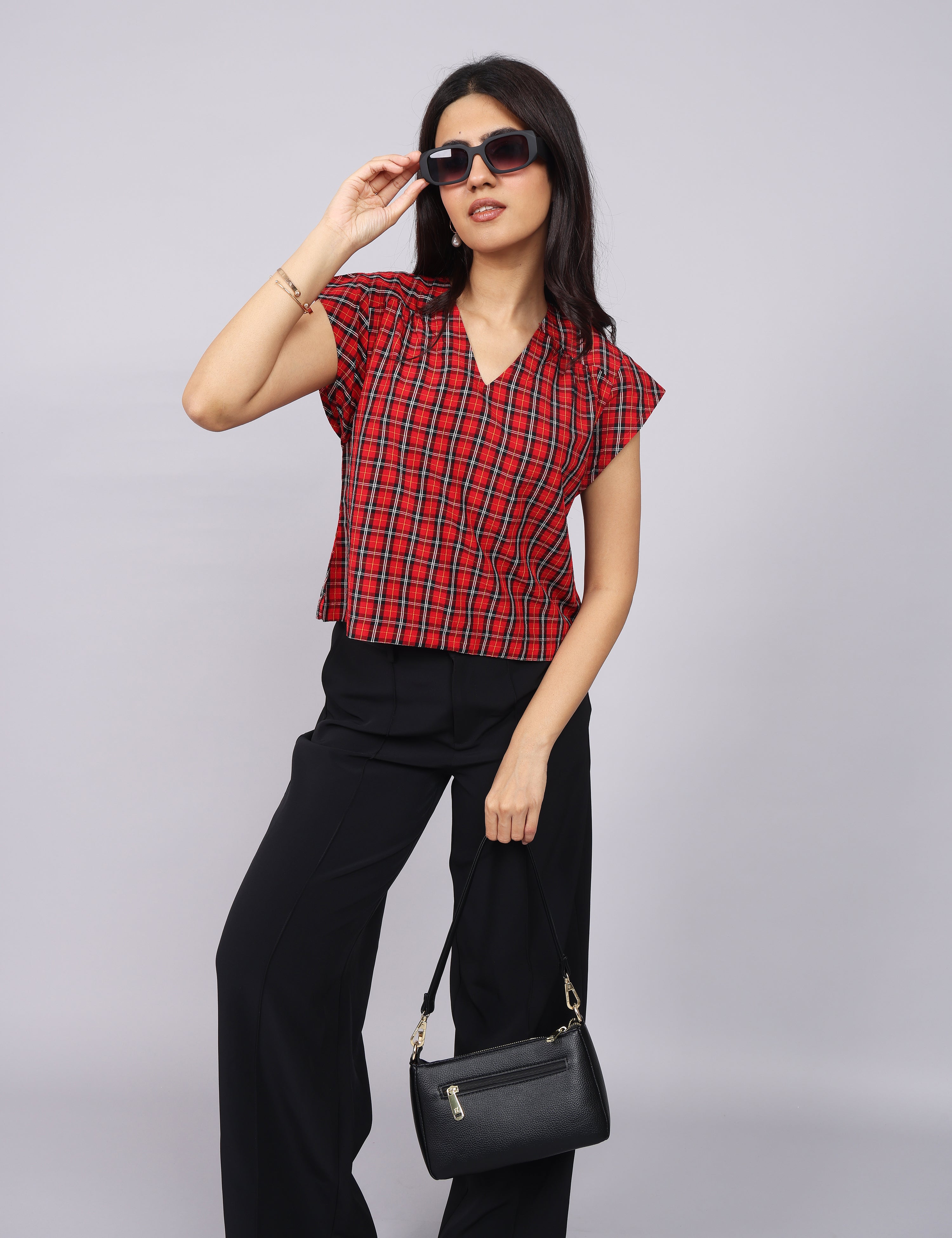 Women’s Red Checks Regular Fit V-Neck Top