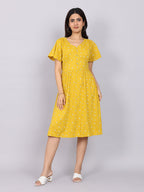 Women’s Mustard Printed Fit & Flare V-Neck Dress