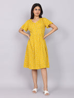 Women’s Mustard Printed Fit & Flare V-Neck Dress