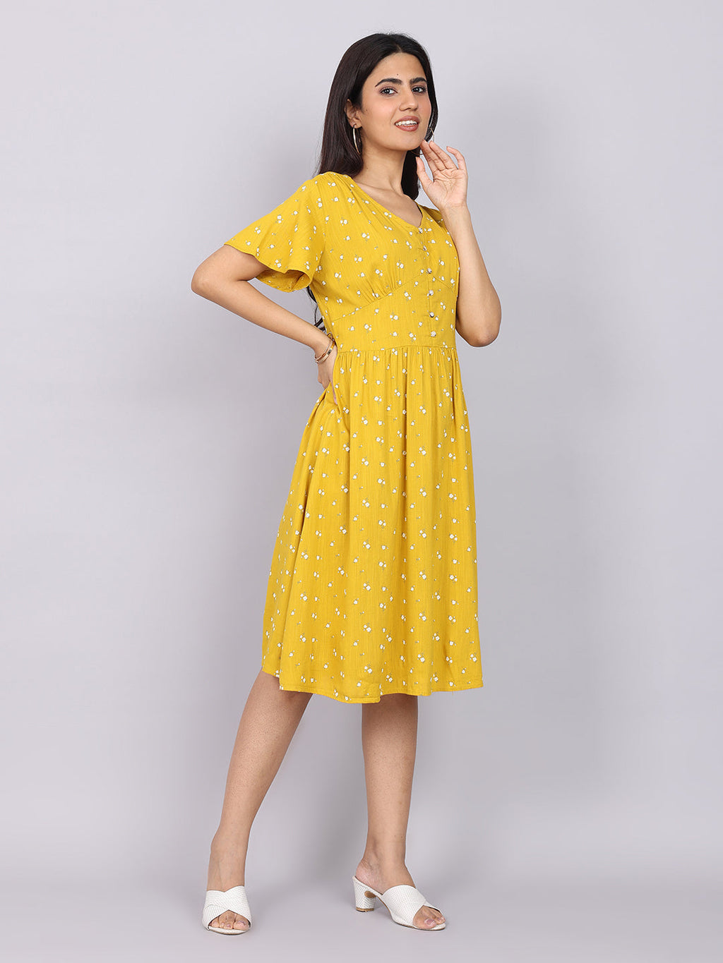 Women’s Mustard Printed Fit & Flare V-Neck Dress
