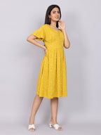 Women’s Mustard Printed Fit & Flare V-Neck Dress