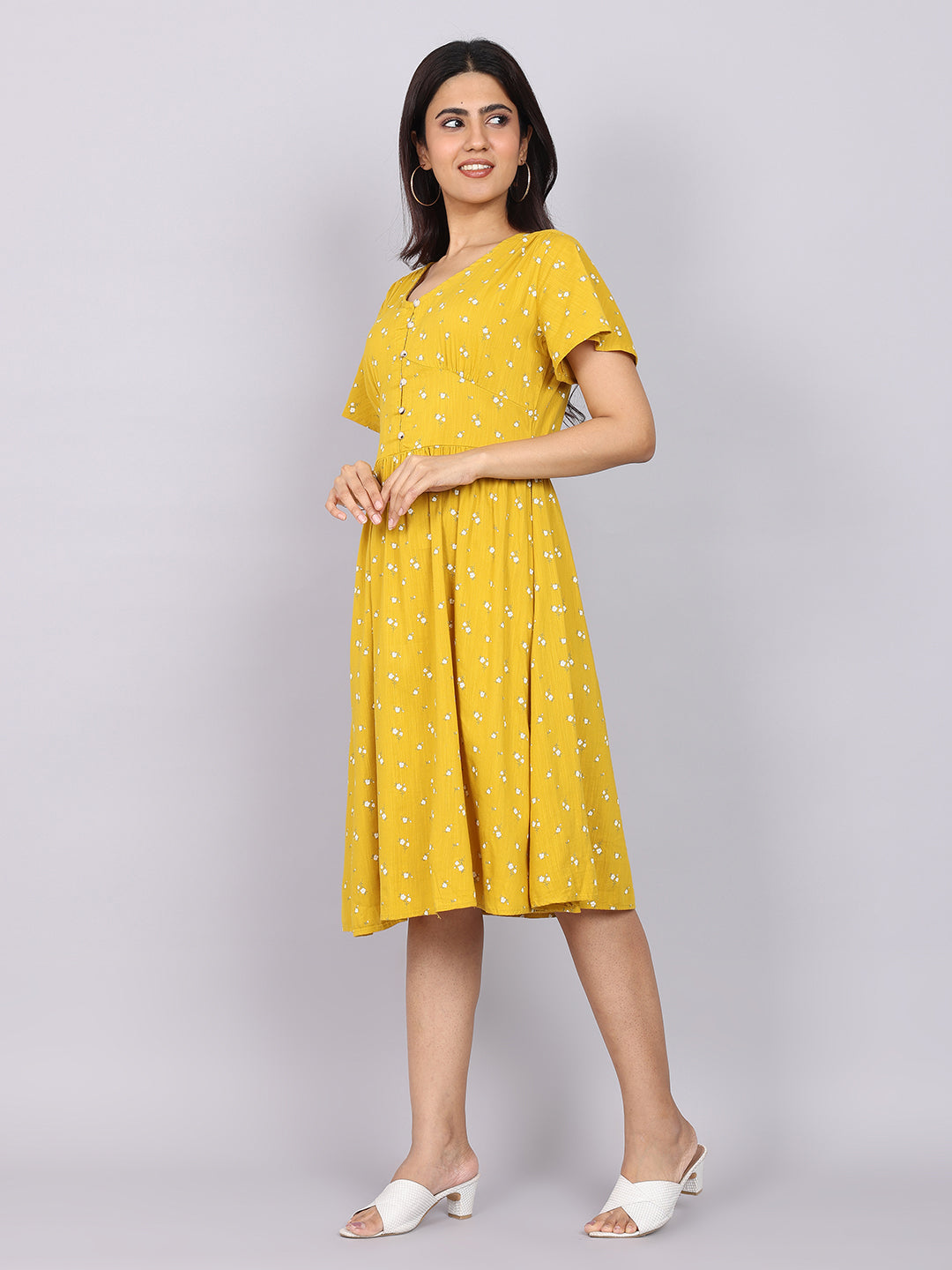 Women’s Mustard Printed Fit & Flare V-Neck Dress