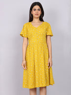 Women’s Mustard Printed Fit & Flare V-Neck Dress