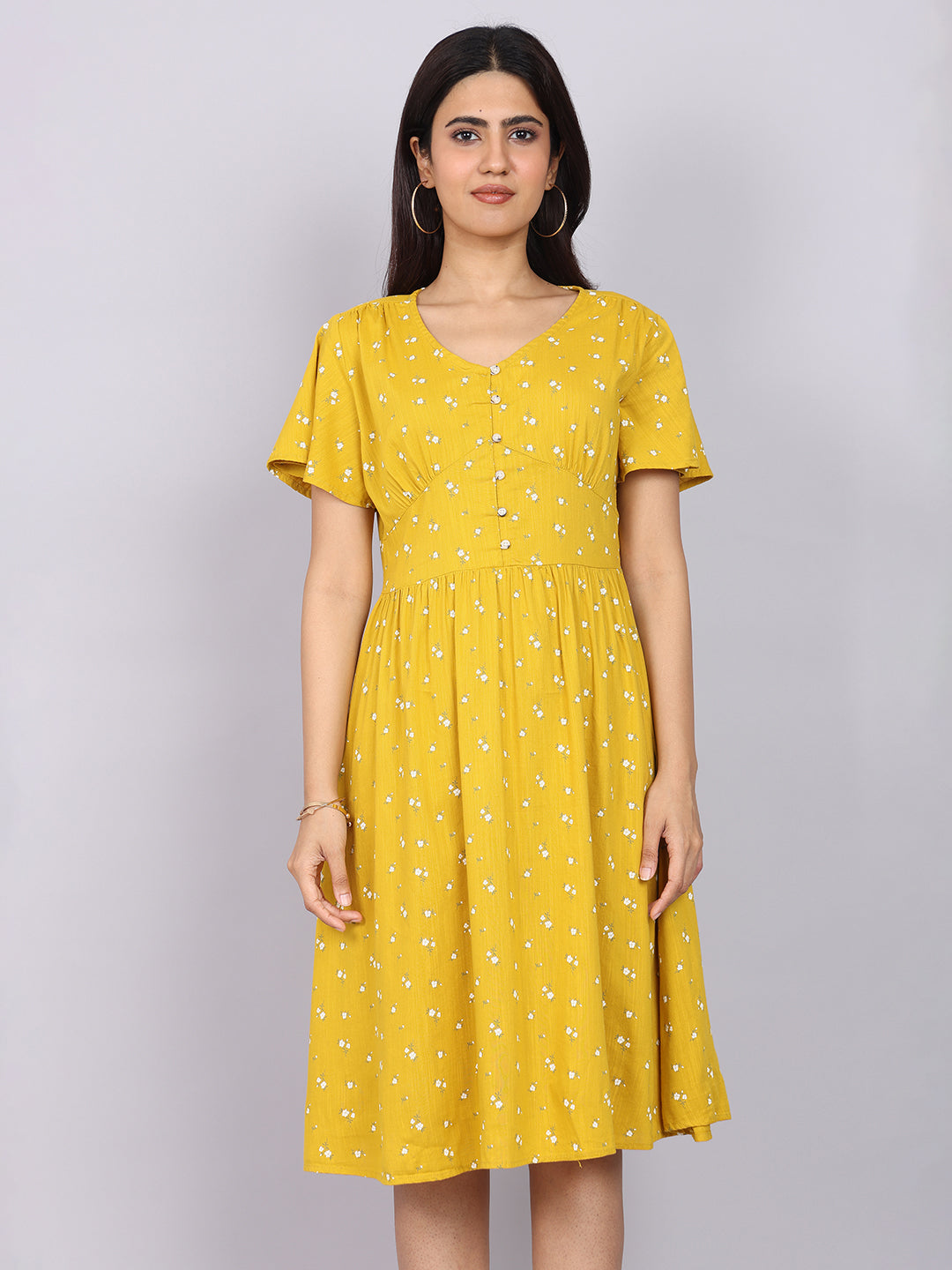 Women’s Mustard Printed Fit & Flare V-Neck Dress