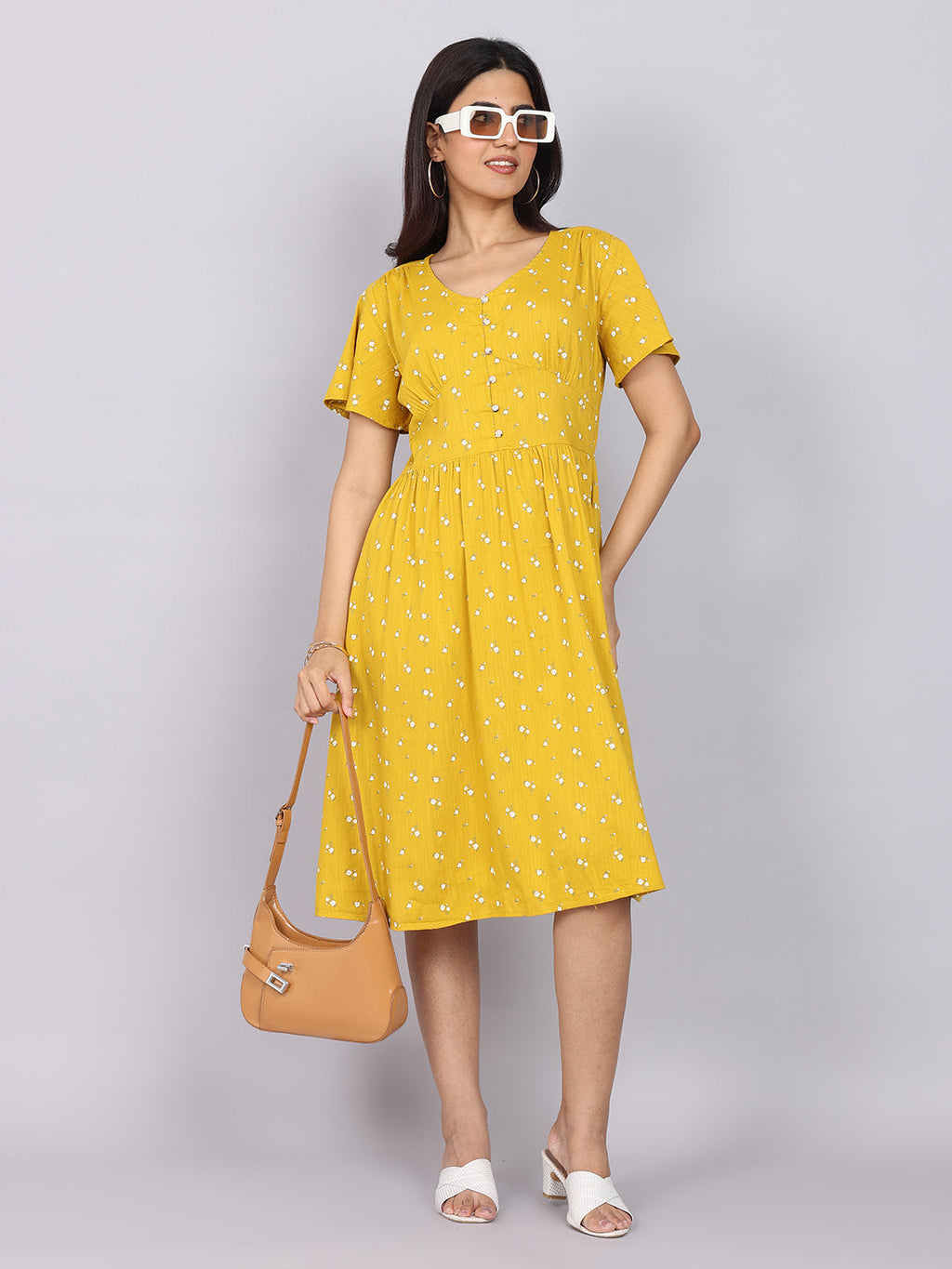 Women’s Mustard Printed Fit & Flare V-Neck Dress