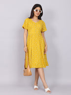 Women’s Mustard Printed Fit & Flare V-Neck Dress