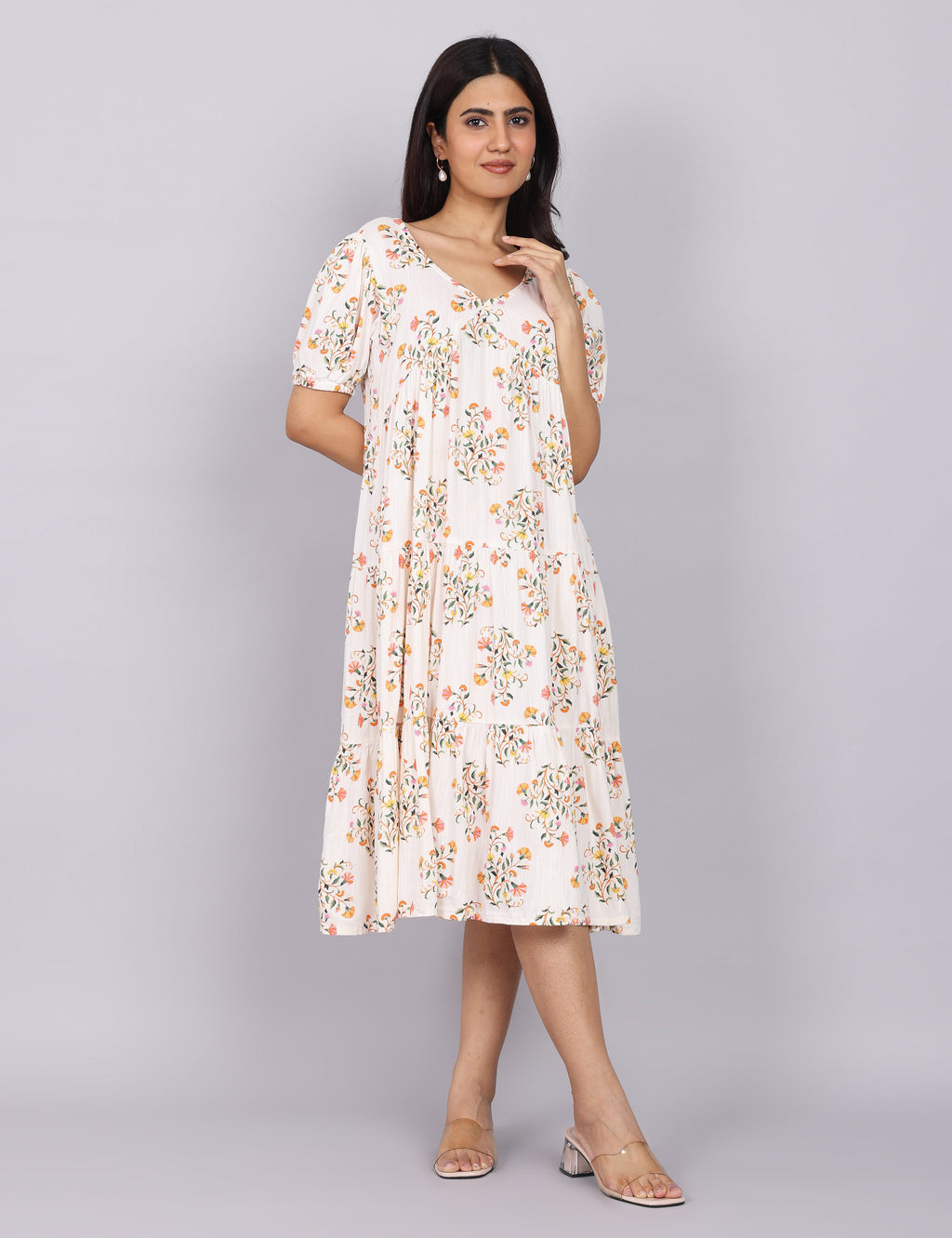 Women’s White Printed Regular Fit V-Neck Puff Sleeve Dress