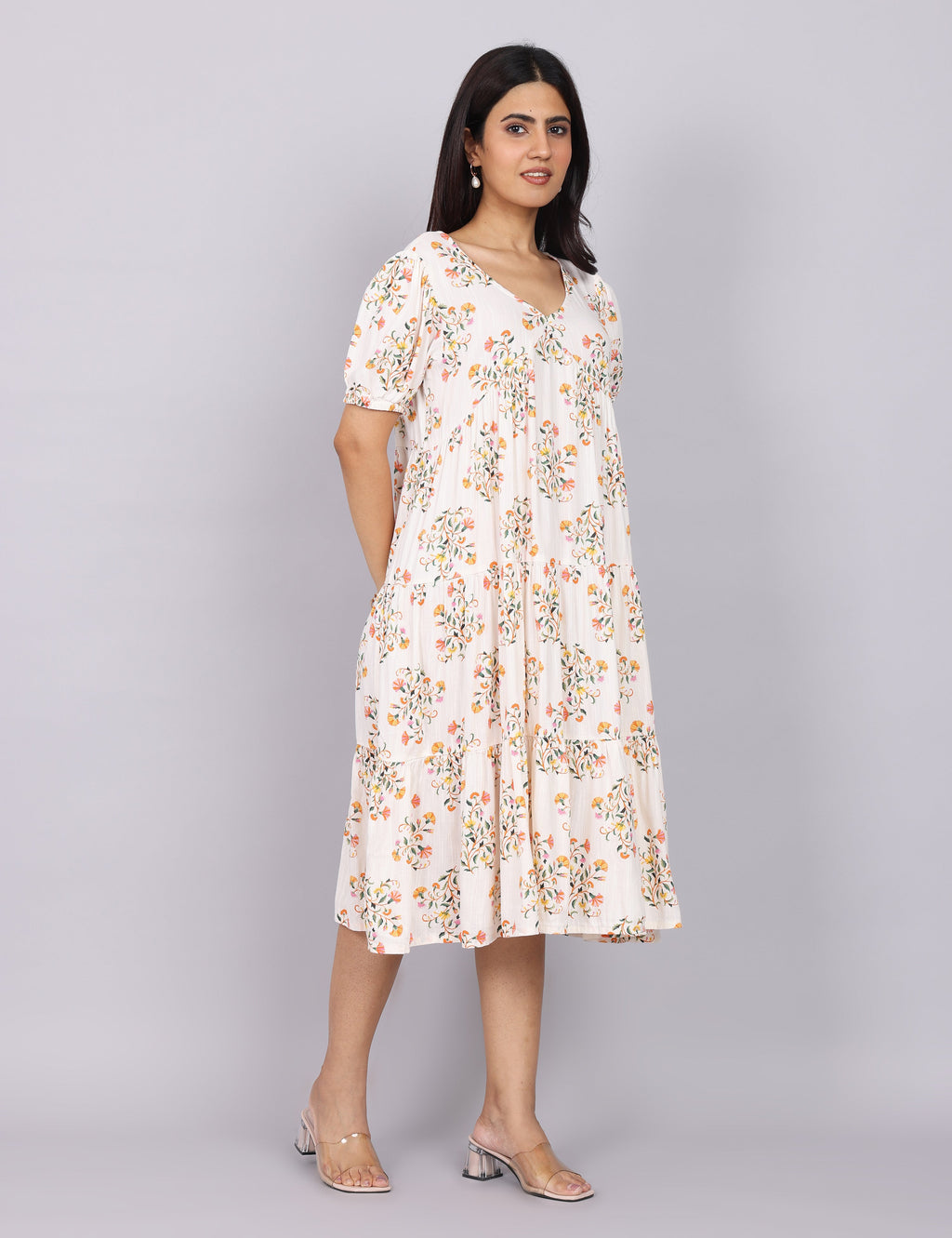 Women’s White Printed Regular Fit V-Neck Puff Sleeve Dress