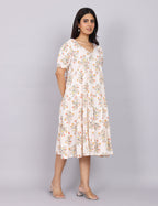 Women’s White Printed Regular Fit V-Neck Puff Sleeve Dress