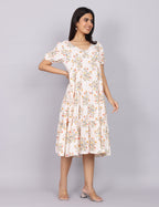 Women’s White Printed Regular Fit V-Neck Puff Sleeve Dress