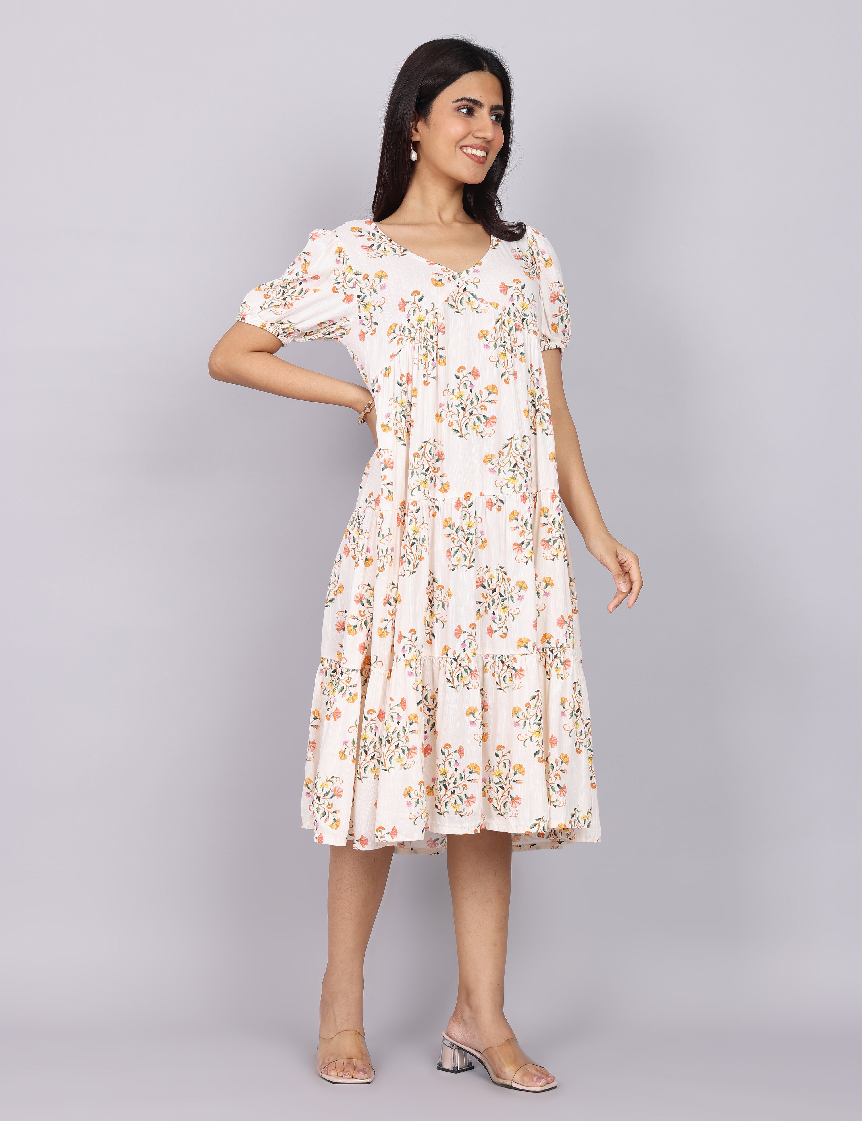 Women’s White Printed Regular Fit V-Neck Puff Sleeve Dress