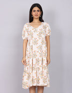 Women’s White Printed Regular Fit V-Neck Puff Sleeve Dress