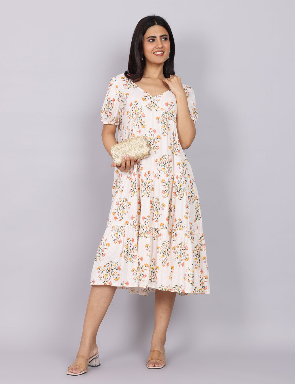 Women’s White Printed Regular Fit V-Neck Puff Sleeve Dress