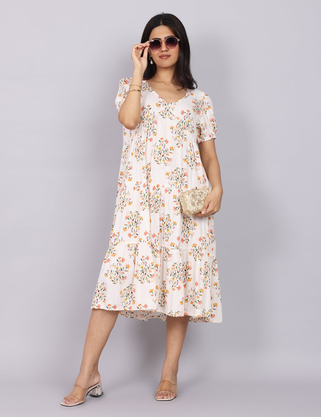 Women’s White Printed Regular Fit V-Neck Puff Sleeve Dress