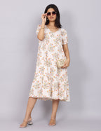 Women’s White Printed Regular Fit V-Neck Puff Sleeve Dress