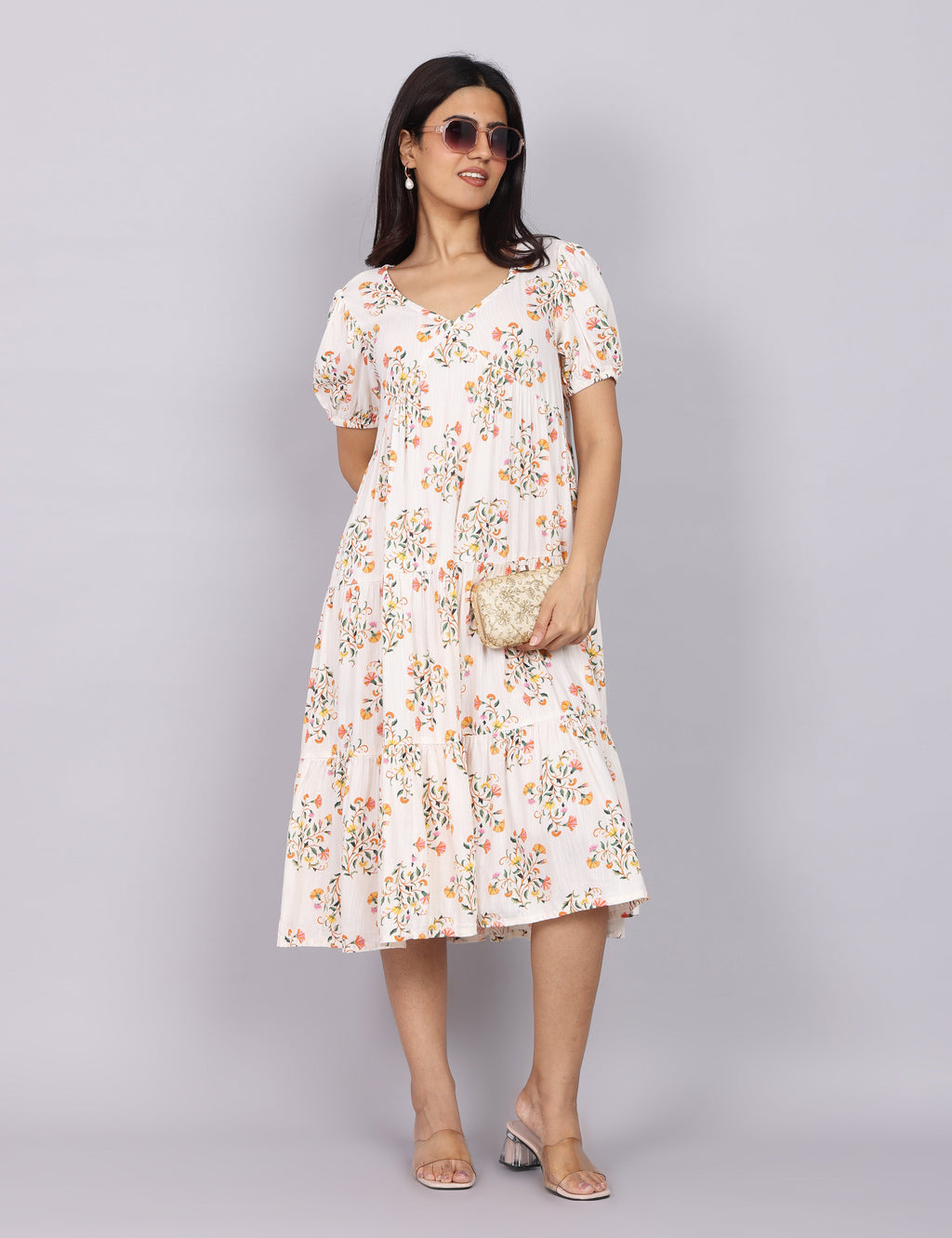 Women’s White Printed Regular Fit V-Neck Puff Sleeve Dress