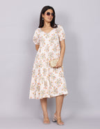 Women’s White Printed Regular Fit V-Neck Puff Sleeve Dress