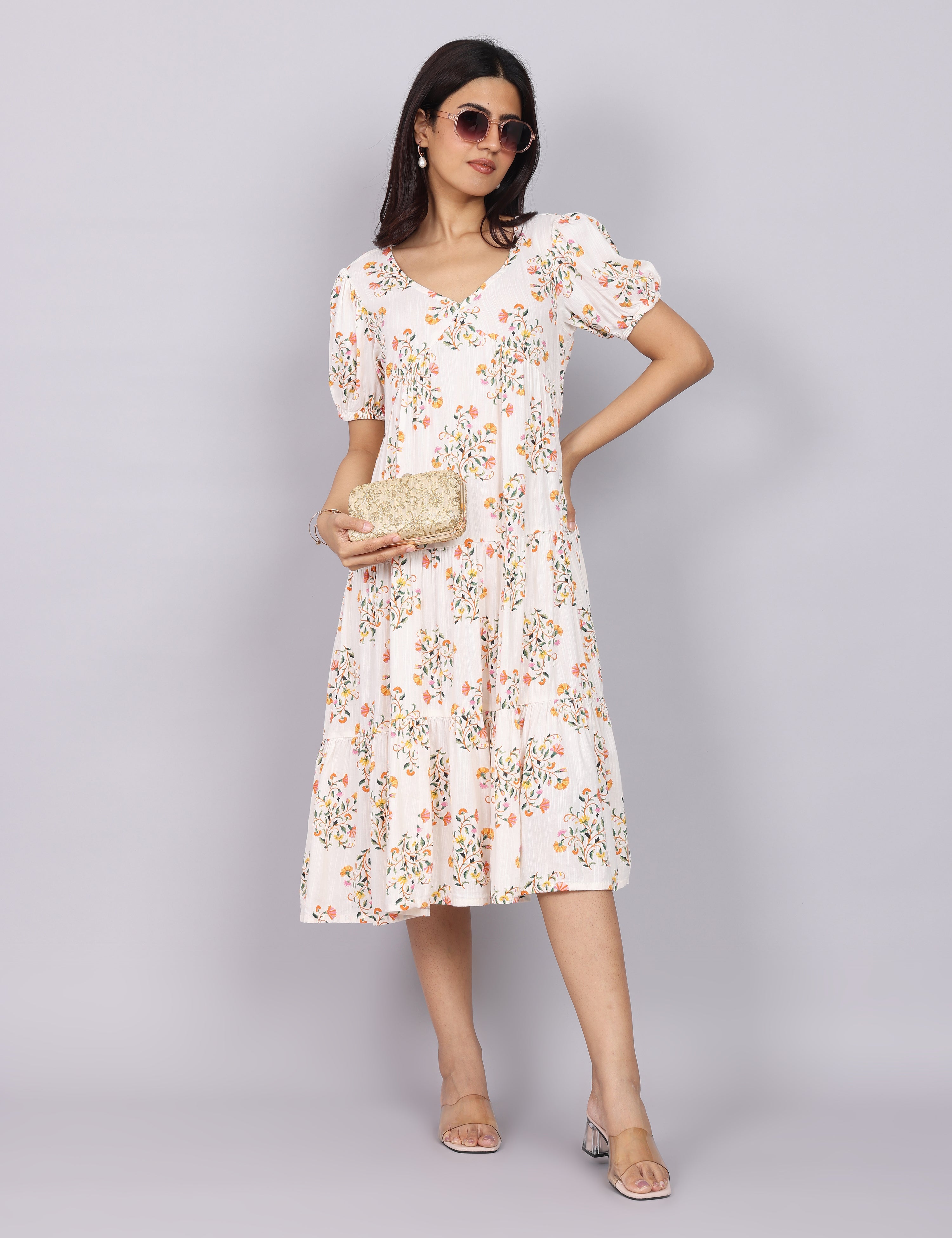 Women’s White Printed Regular Fit V-Neck Puff Sleeve Dress