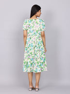Women’s Green Printed Regular Fit V-Neck Puff Sleeve Dress