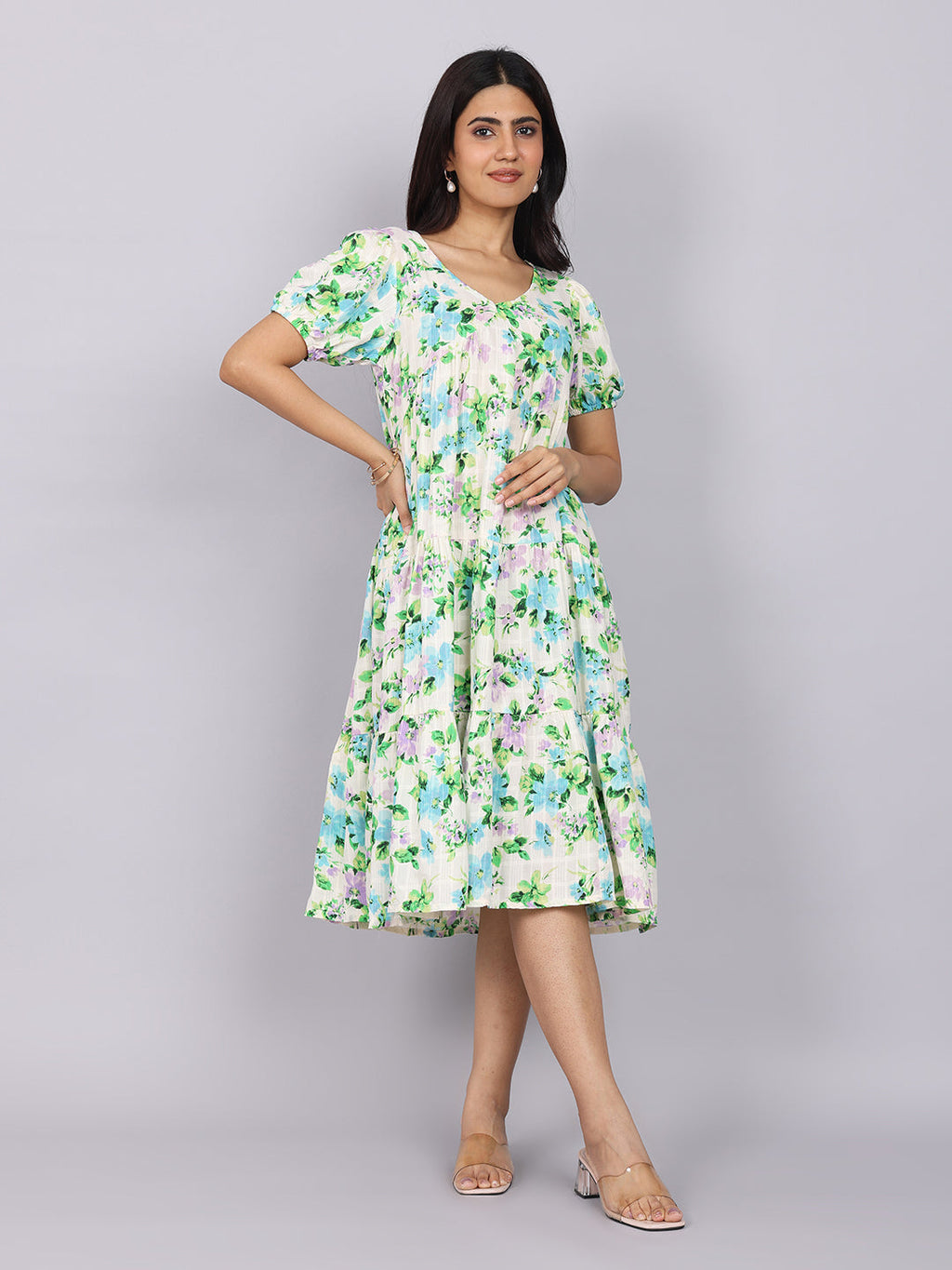 Women’s Green Printed Regular Fit V-Neck Puff Sleeve Dress