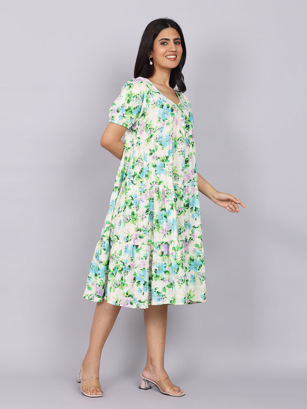 Women’s Green Printed Regular Fit V-Neck Puff Sleeve Dress