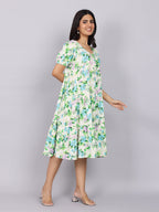 Women’s Green Printed Regular Fit V-Neck Puff Sleeve Dress
