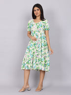 Women’s Green Printed Regular Fit V-Neck Puff Sleeve Dress