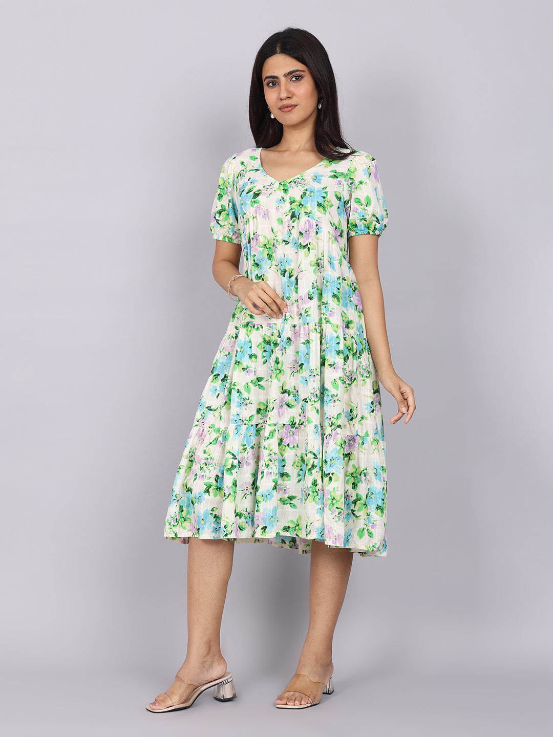 Women’s Green Printed Regular Fit V-Neck Puff Sleeve Dress