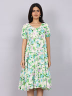 Women’s Green Printed Regular Fit V-Neck Puff Sleeve Dress