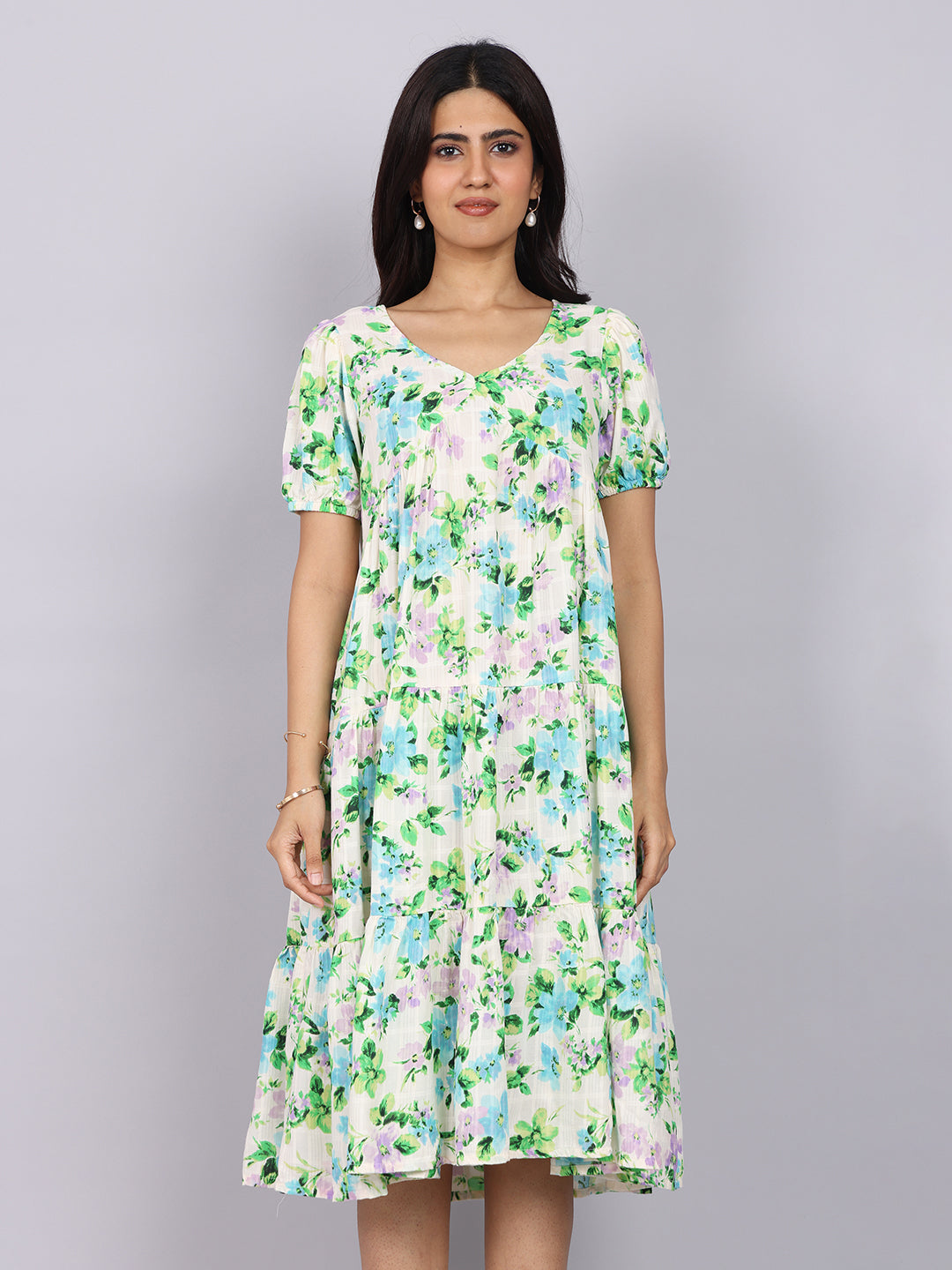 Women’s Green Printed Regular Fit V-Neck Puff Sleeve Dress