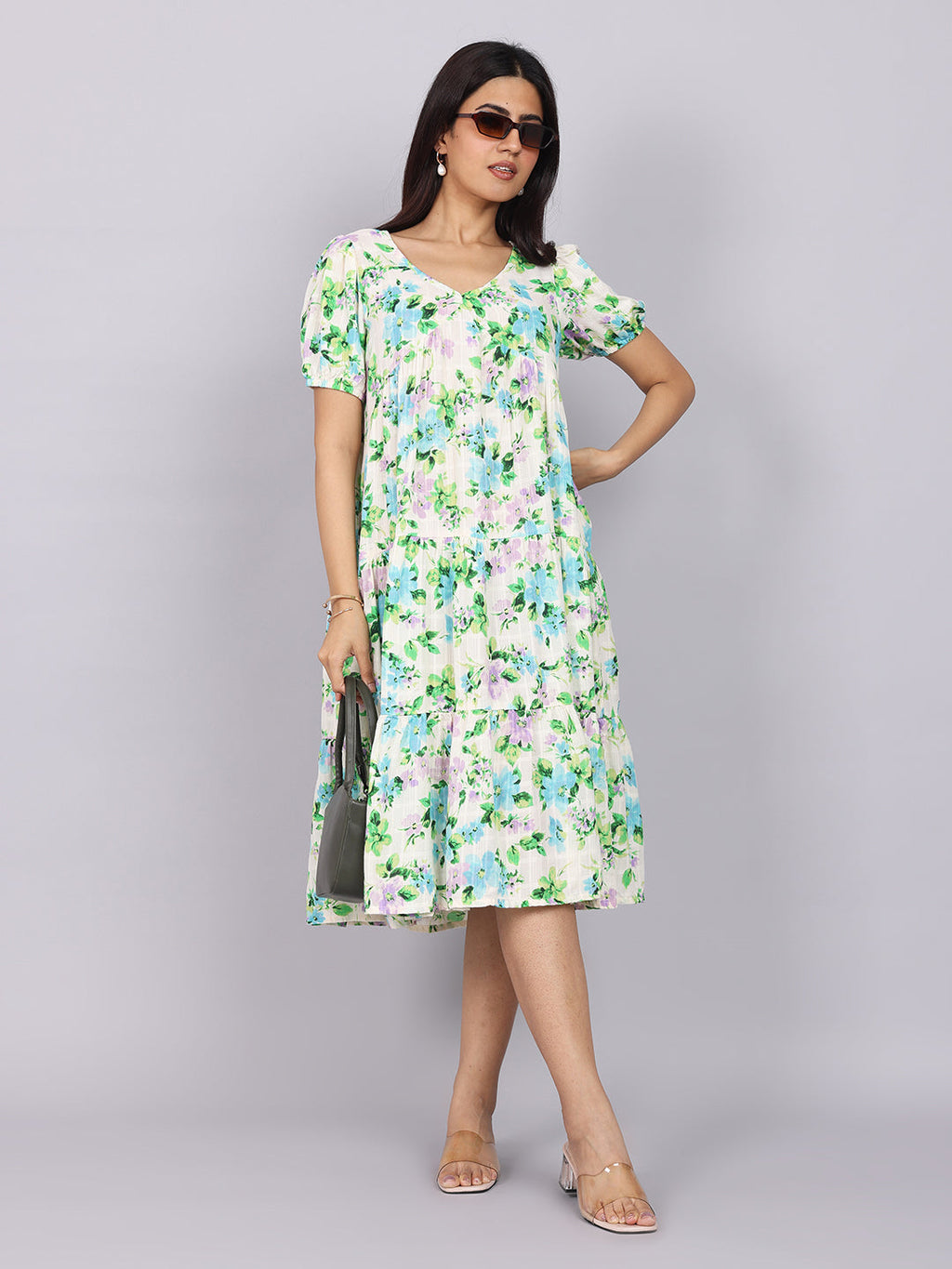 Women’s Green Printed Regular Fit V-Neck Puff Sleeve Dress