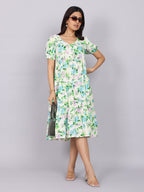 Women’s Green Printed Regular Fit V-Neck Puff Sleeve Dress