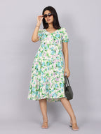 Women’s Green Printed Regular Fit V-Neck Puff Sleeve Dress