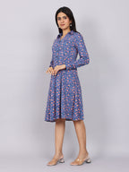 Women’s Navy Printed Fit & Flare Collared Dress