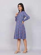 Women’s Navy Printed Fit & Flare Collared Dress