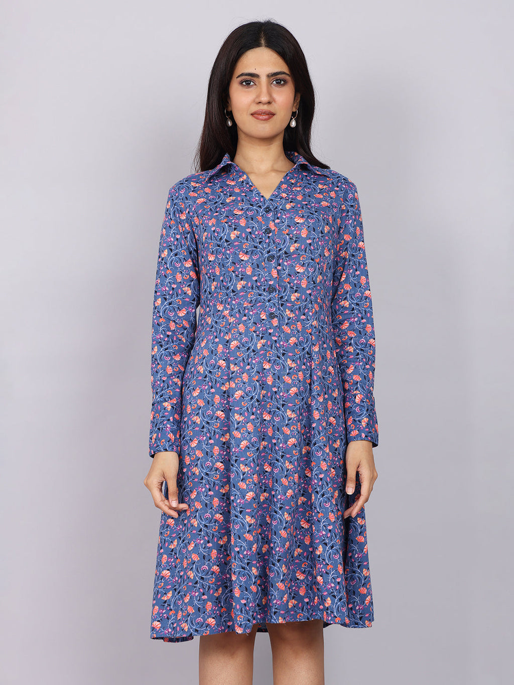 Women’s Navy Printed Fit & Flare Collared Dress
