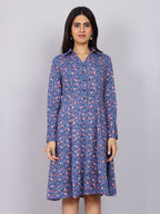 Women’s Navy Printed Fit & Flare Collared Dress