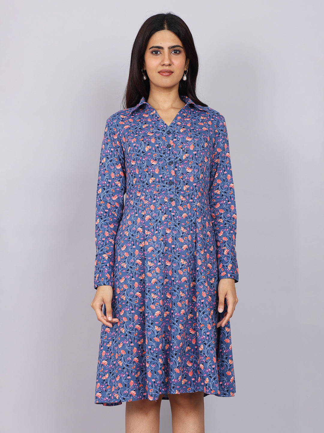 Women’s Navy Printed Fit & Flare Collared Dress