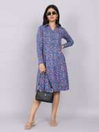 Women’s Navy Printed Fit & Flare Collared Dress
